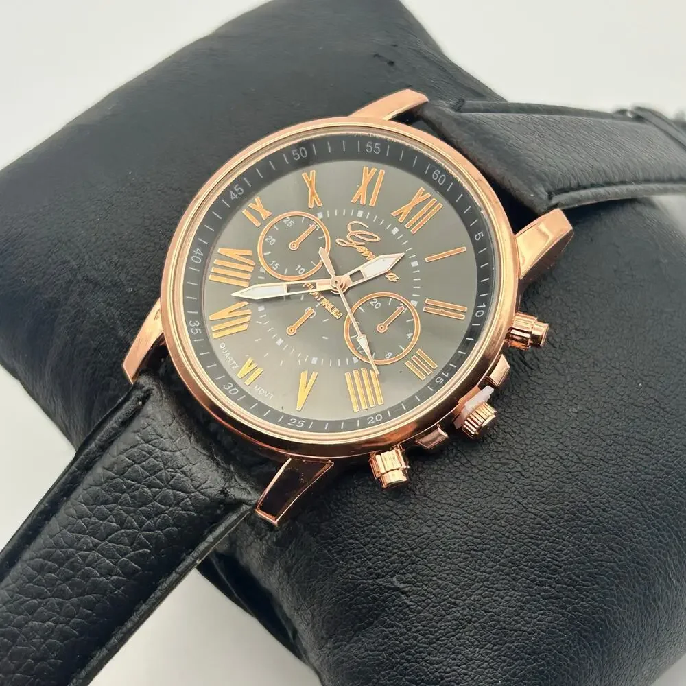 Geneva Platinum RoseGold Women's Fashion Watch Black Strap Working New Battery
